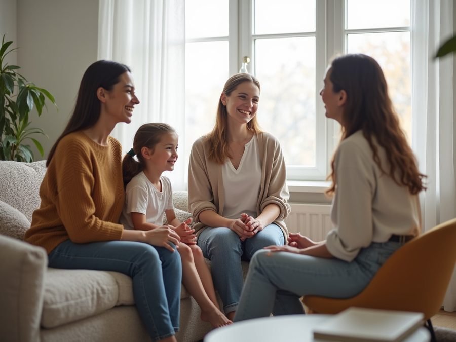Accompagnement familial à domicile avec la famille réunie au salon